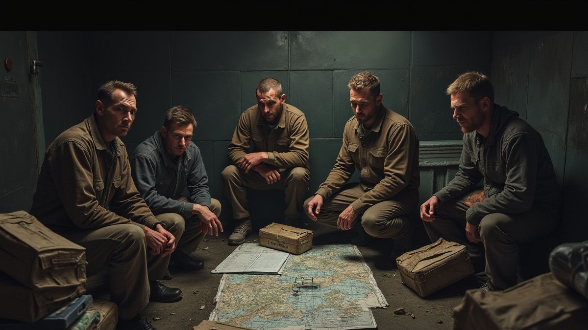 Sobreviventes em um bunker cercados por mapas e suprimentos.