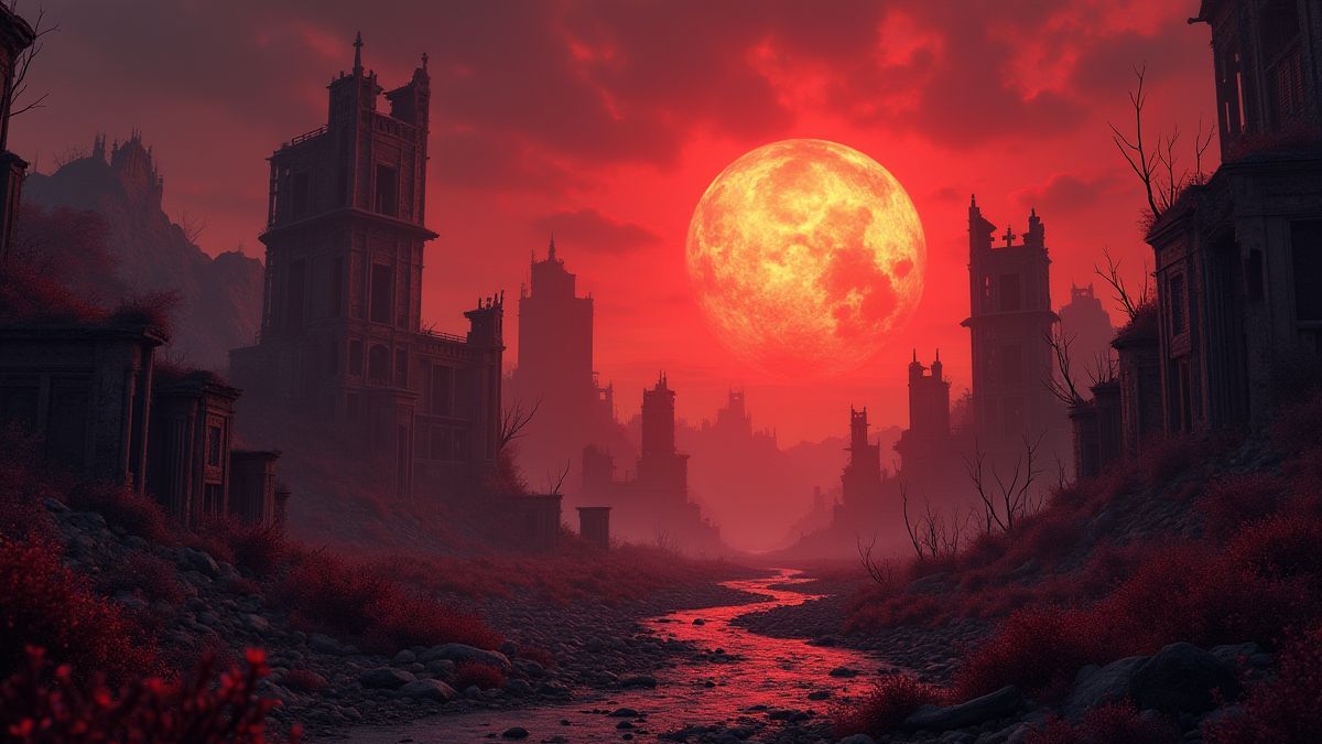 Uma paisagem radioativa com edifícios em ruínas e plantas mutadas.