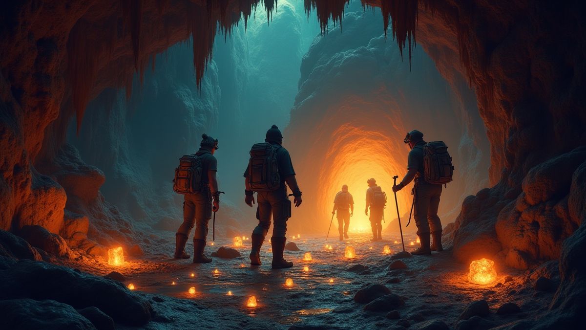 Aventureiros explorando uma caverna brilhante cheia de tesouros.
