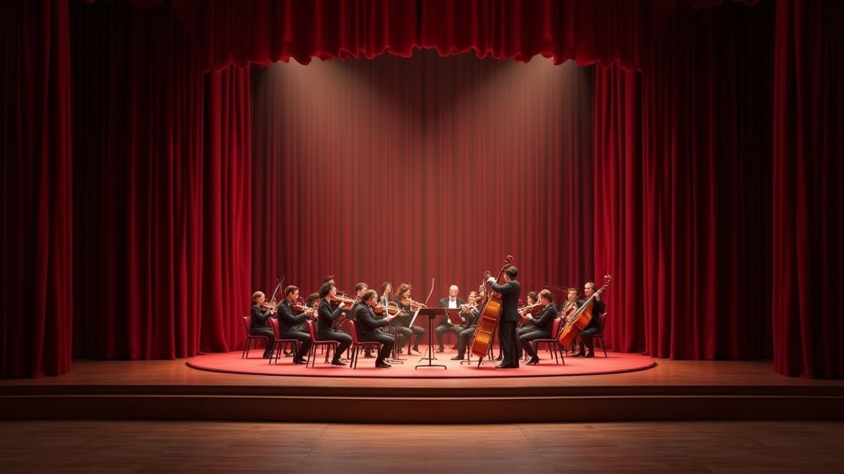 Scène théâtrale avec des rideaux en velours et un orchestre fantaisiste.