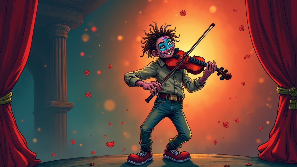 Musicien fantaisiste jouant d'un violon coloré dans un théâtre.