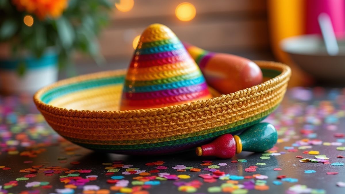 Sombrero y maracas sobre una mesa decorada festivamente.