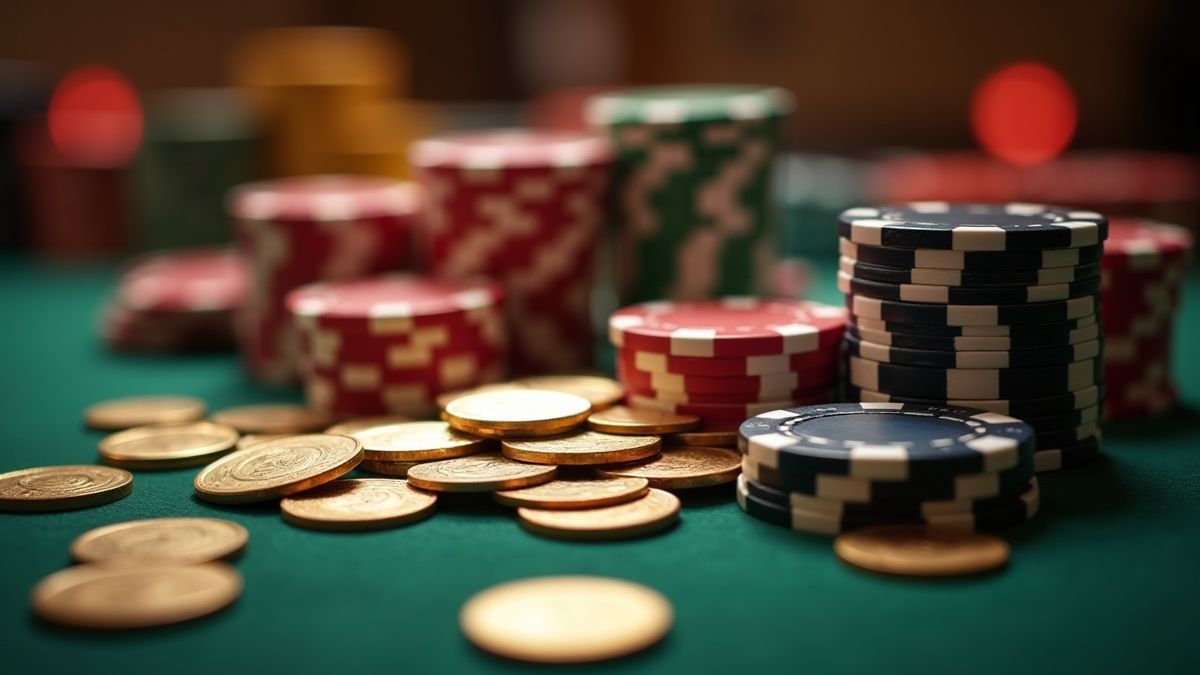 Moedas e fichas de cassino sobre uma mesa.
