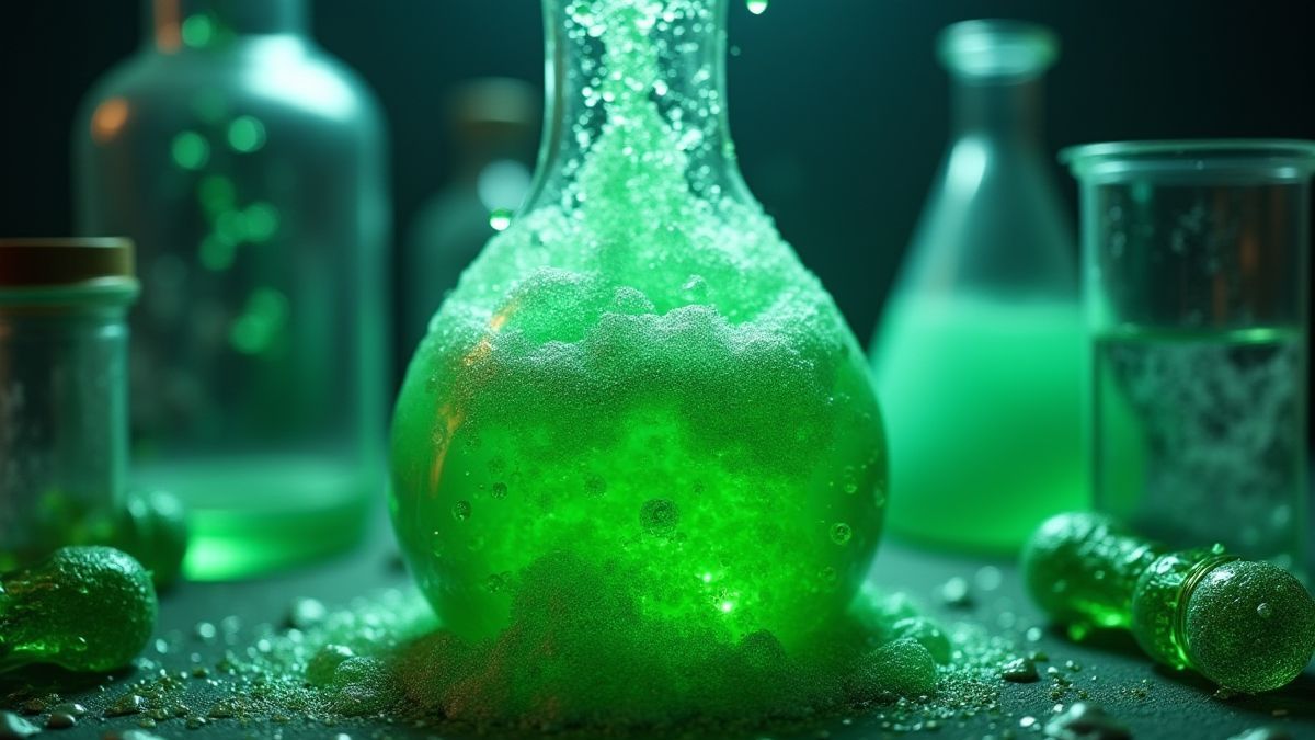Une potion verte bouillonnante entourée d'équipement de laboratoire.