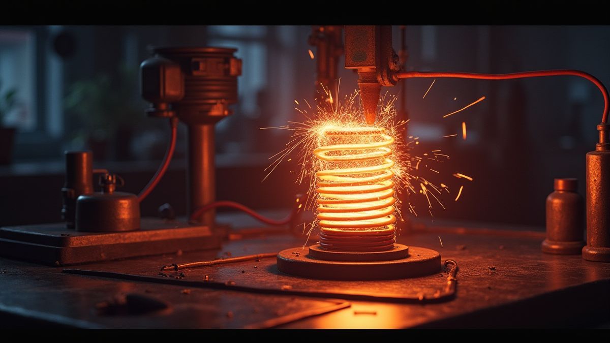 Un Tesla coil animé émettant des étincelles dans un laboratoire sombre.