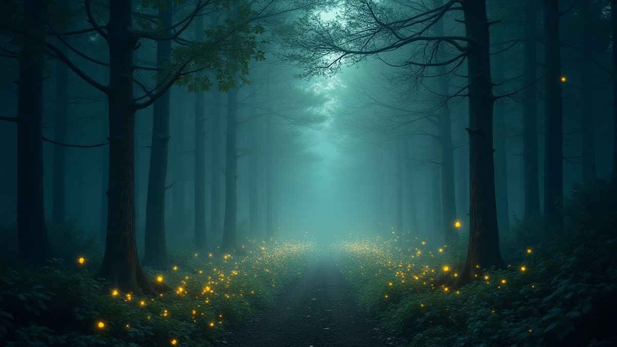 Magischer Wald beleuchtet von Glühwürmchen und mysteriösem Nebel.