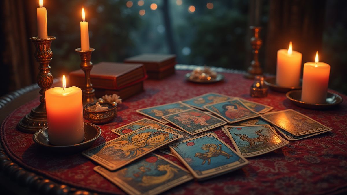 Mystisches Setting mit Tarotkarten und Kerzen.