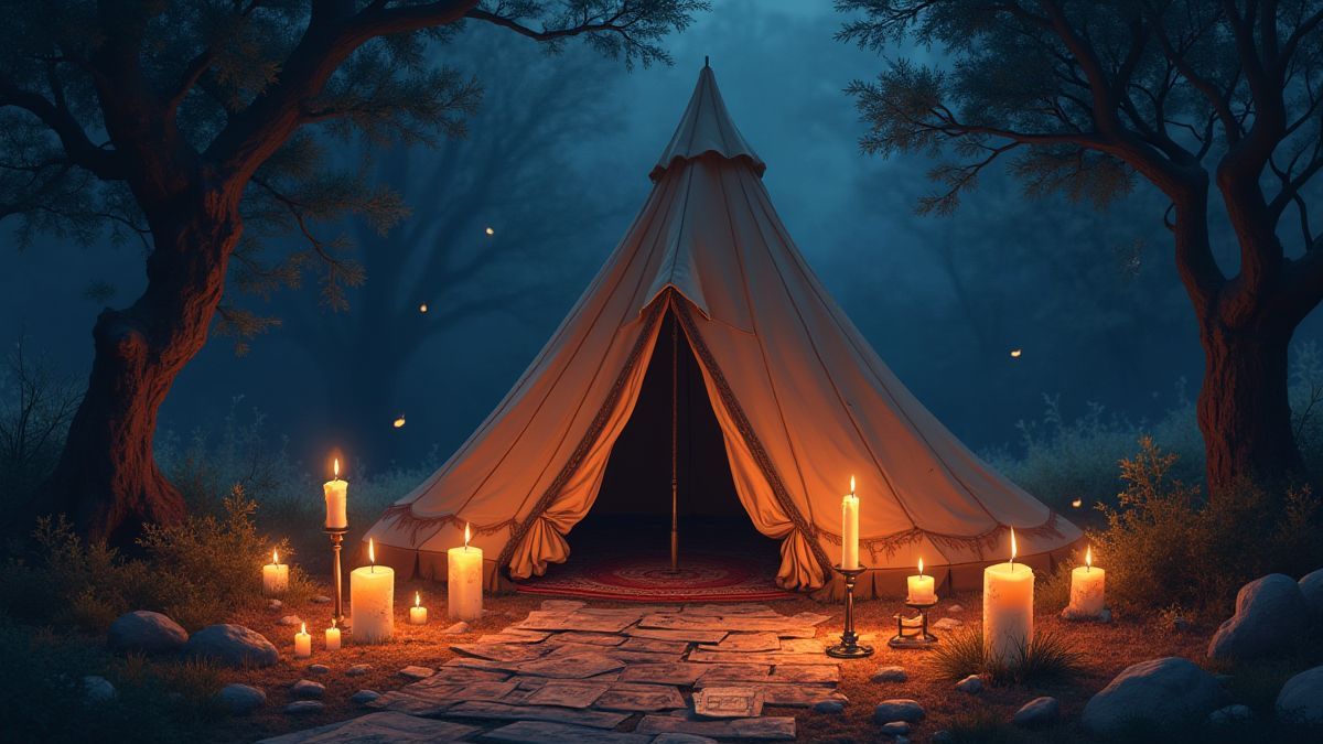 Illustration einer mystischen Zigeunervorhersage mit Kerzen und Tarotkarten.