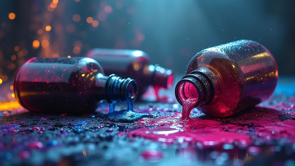 Inktflessen die omvallen en levendige inkt over een magische tafel morsen.