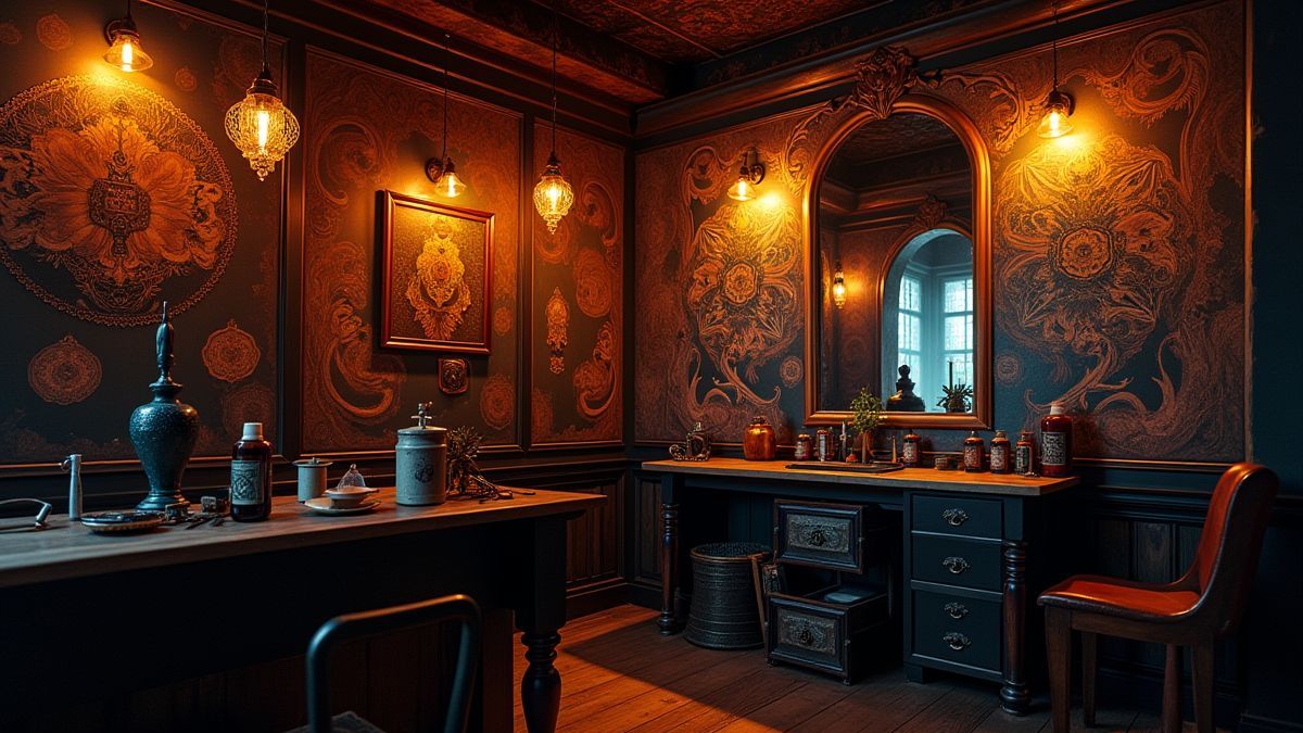 Een mystieke tatoeagestudio vol met tools en kunst.