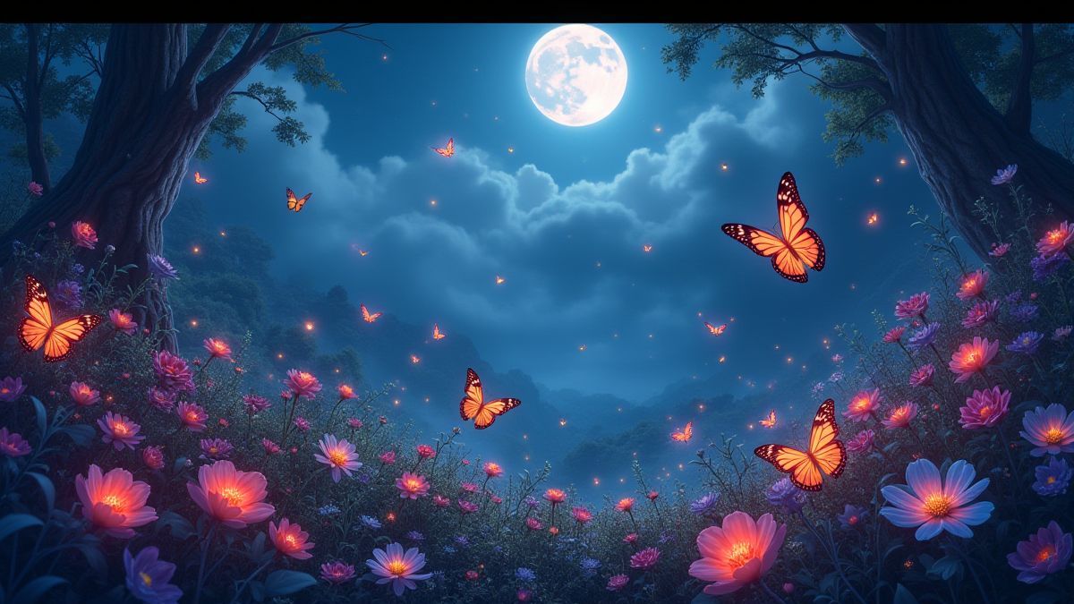 Un jardin mystique avec des papillons vibrants et des fleurs resplendissantes sous la lumière de la lune.