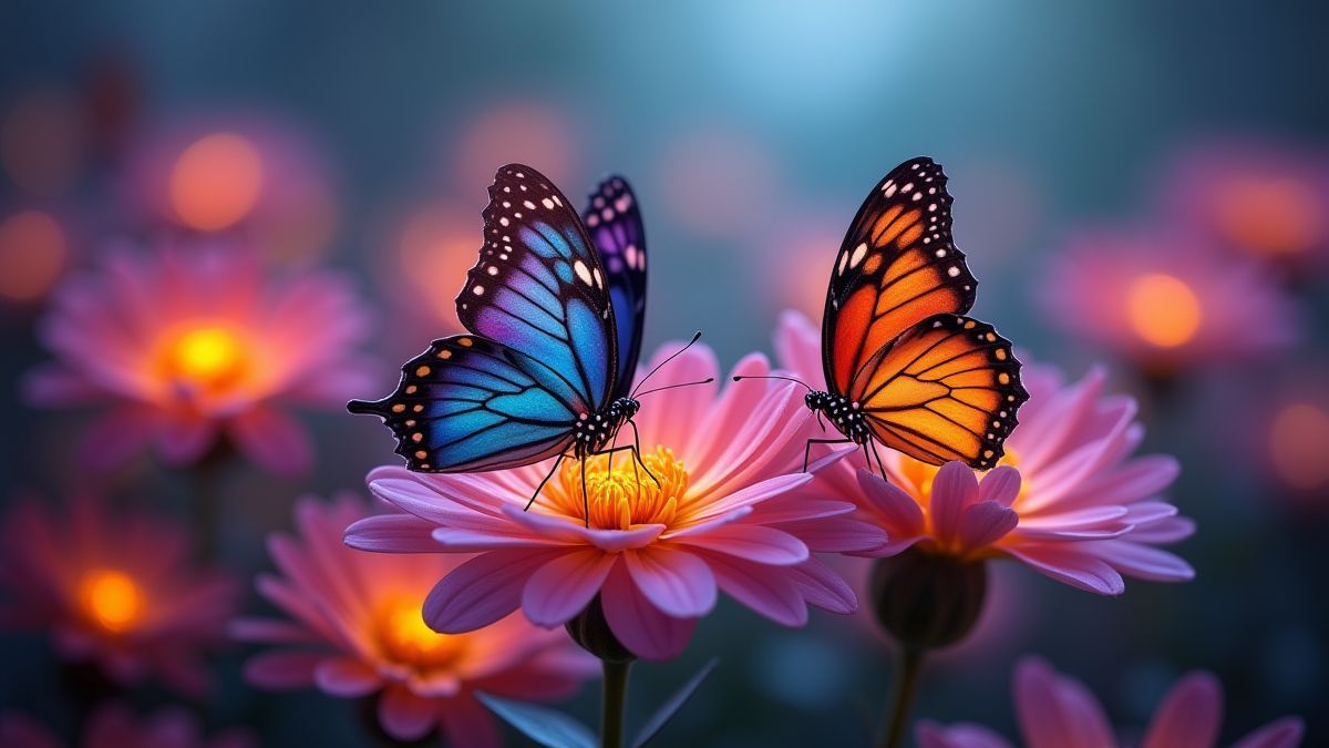 Des papillons vibrants se reposant sur des fleurs resplendissantes dans un jardin magique.