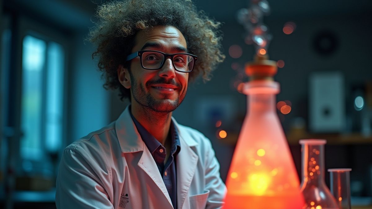 Um cientista excêntrico com óculos e cabelo bagunçado ao lado de um experimento brilhante.