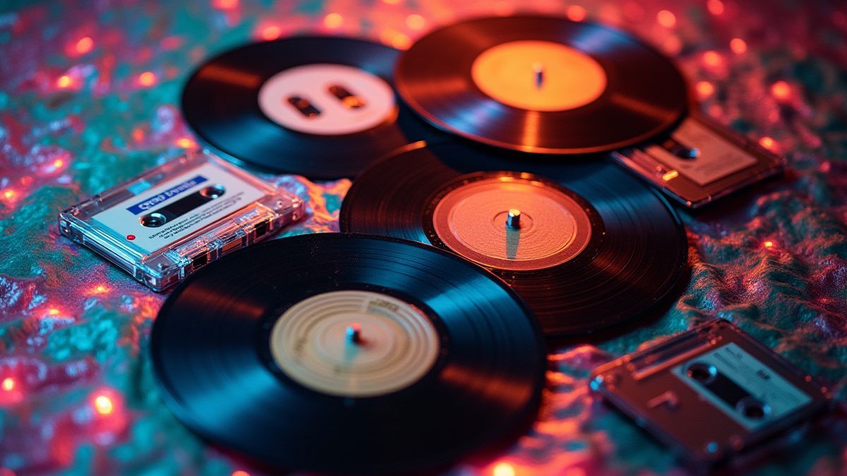 Vinyls and cassettes on a disco-themed background.