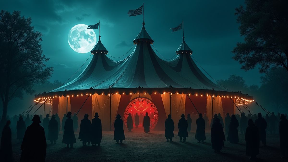 Uma carpa de circo misteriosa iluminada pela lua.