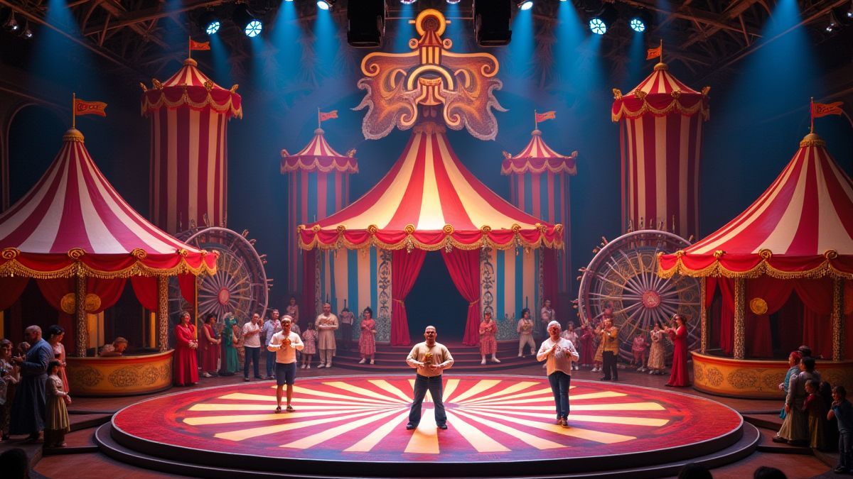 Um palco de circo colorido com rodas giratórias.