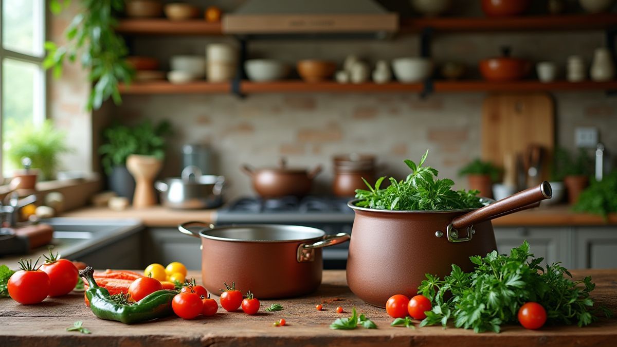 Cocina italiana con ollas e ingredientes frescos.