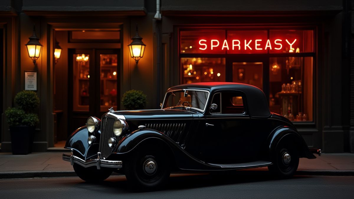 Klassisches Auto der 20er Jahre vor einer geheimen Bar
