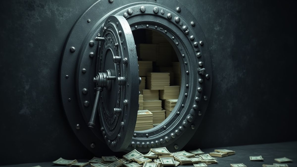Türe eines Safes teilweise geöffnet, mit sichtbaren Geldstapeln