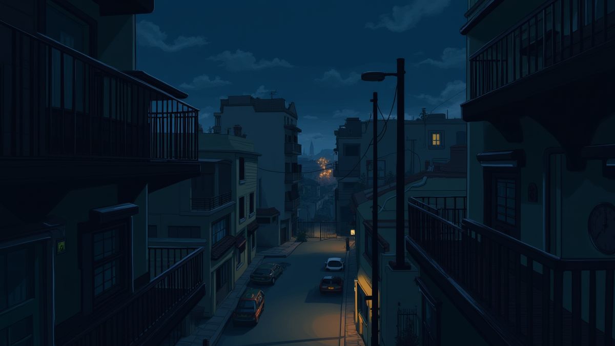 Ein nächtliches Viertel mit Balkonen und schwachem Licht.