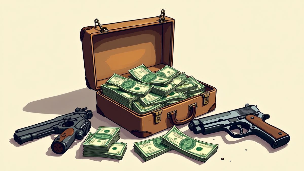 Ein Koffer voller Geld neben verschiedenen Waffen.