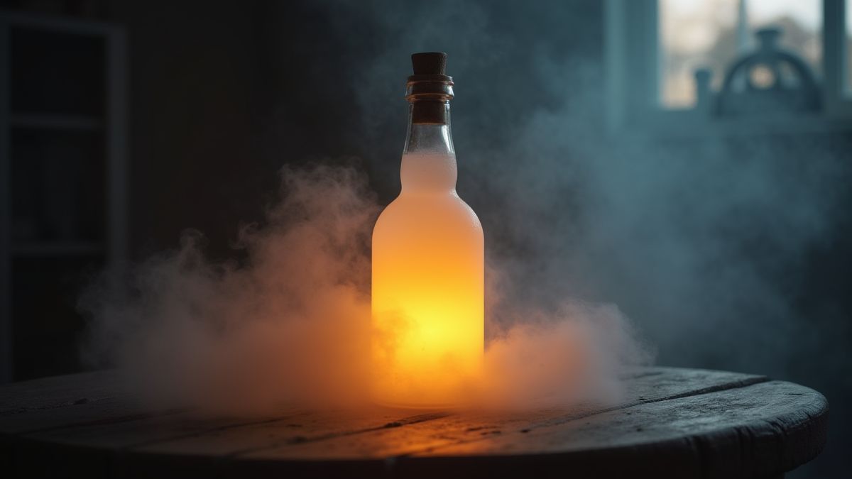 Magical bottle on a table with mysterious fog.