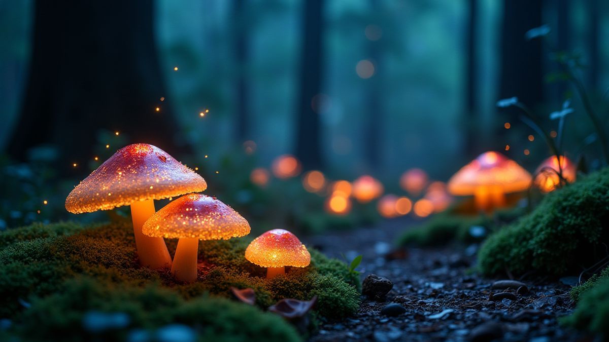 Enchanted forest with glowing mushrooms and bright lights.
