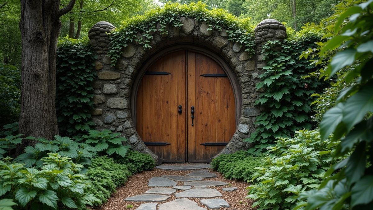 Mysterious wooden door in a magical garden.
