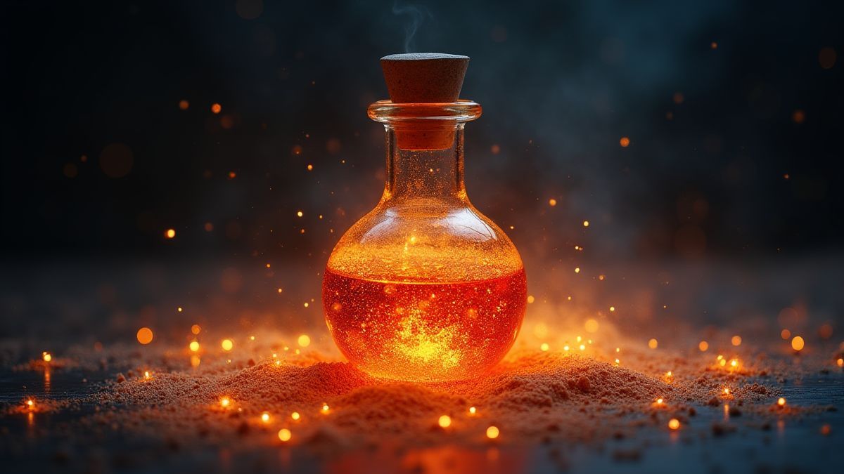Eine Flasche leuchtender Tränke, umgeben von funkelndem magischen Staub.