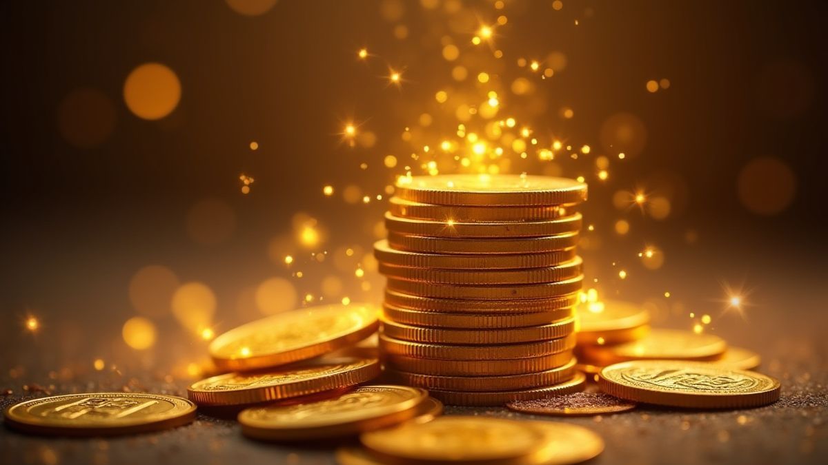 Ein Stapel goldener Münzen, umgeben von magischen Funken.