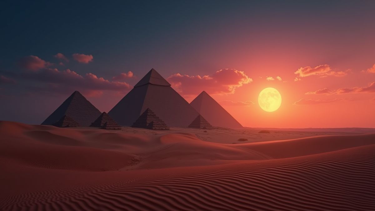 Un désert égyptien avec des pyramides et des symboles hiéroglyphiques illuminés au crépuscule.