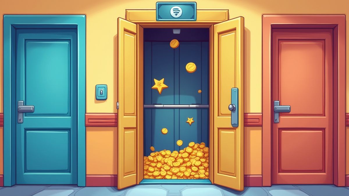 Ascensor animado revelando símbolos como moedas e estrelas.