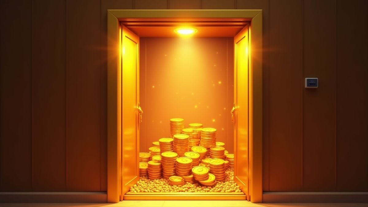 Ascensor com portas douradas abrindo para revelar moedas e luzes brilhantes.