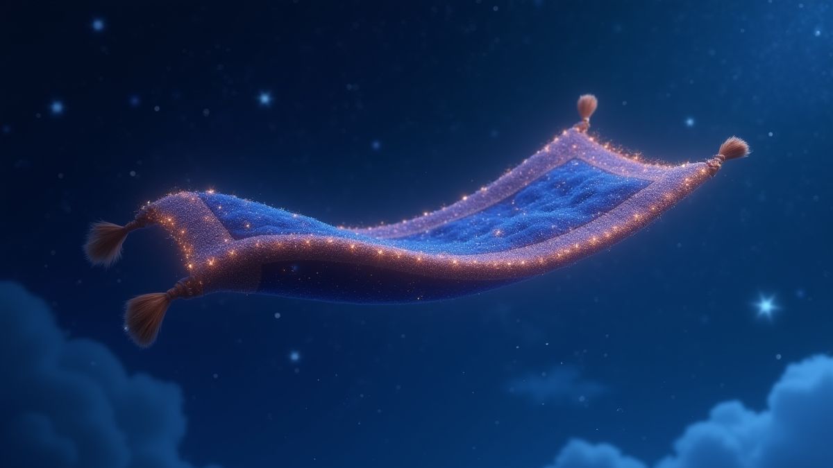 Alfombra mágica voando entre estrelas na noite.