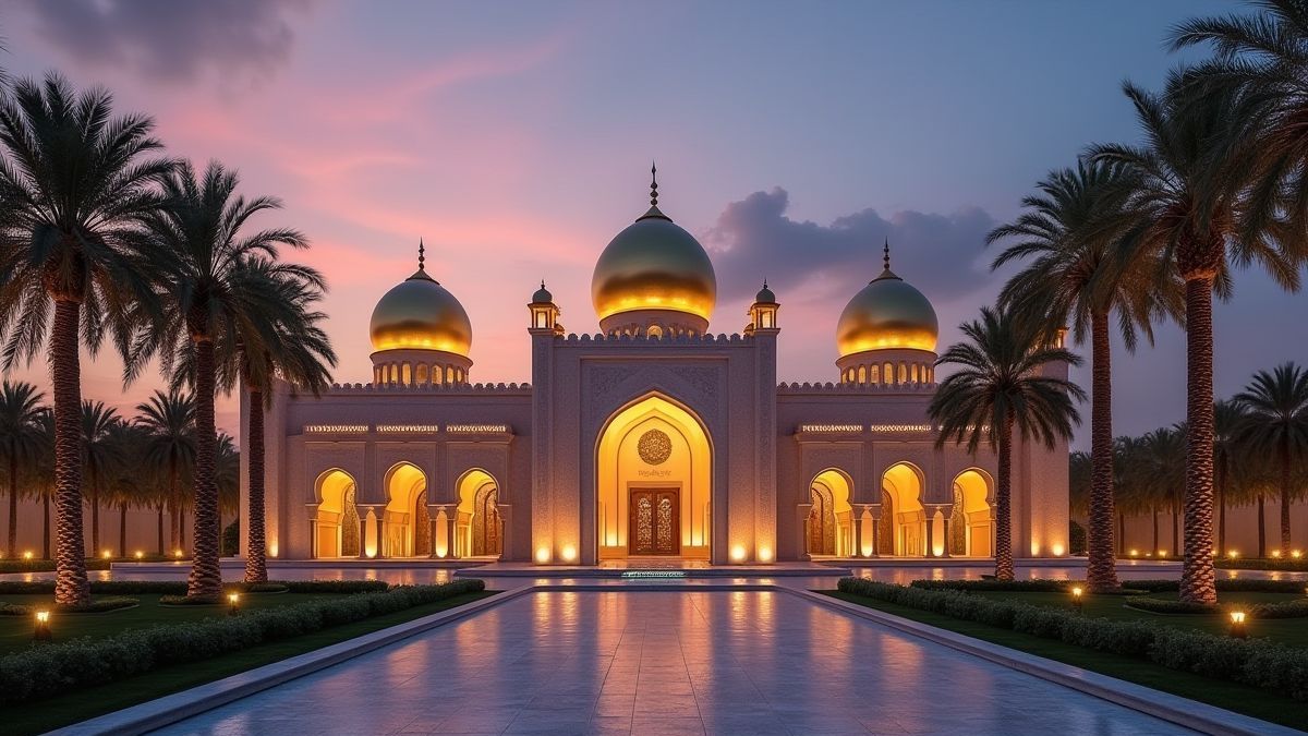 Palácio árabe com cúpulas douradas ao atardecer.
