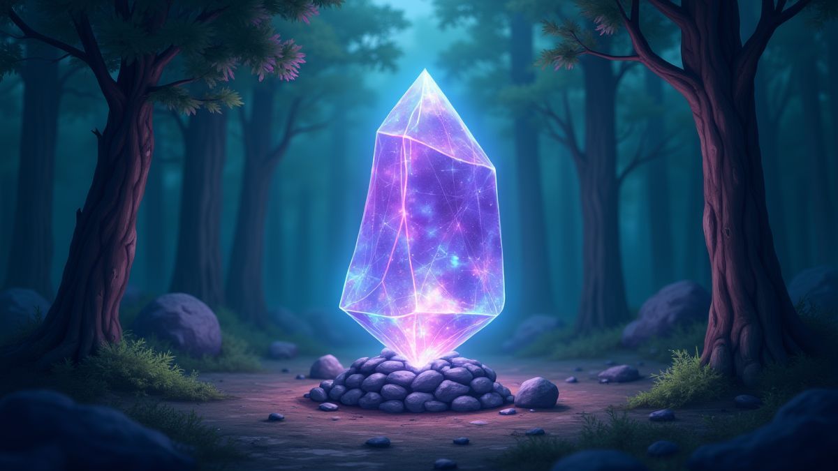 Cristal magique brillant dans un clairière forestière.