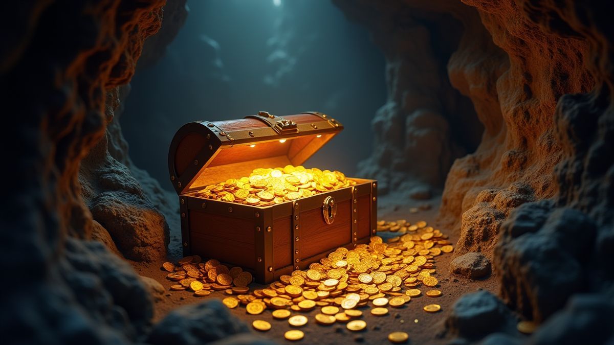 Coffre au trésor débordant de pièces d'or dans une grotte mystique.