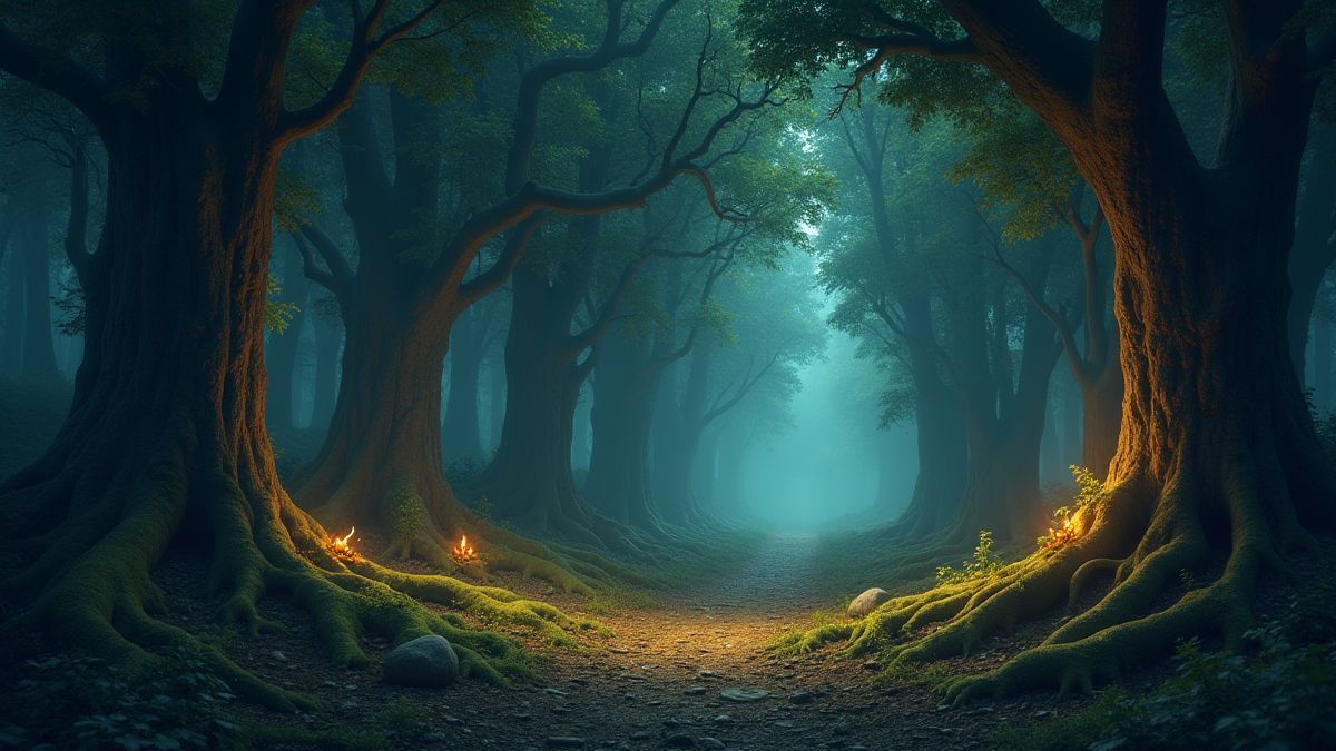 A magical forest filled with sparkling treasures.