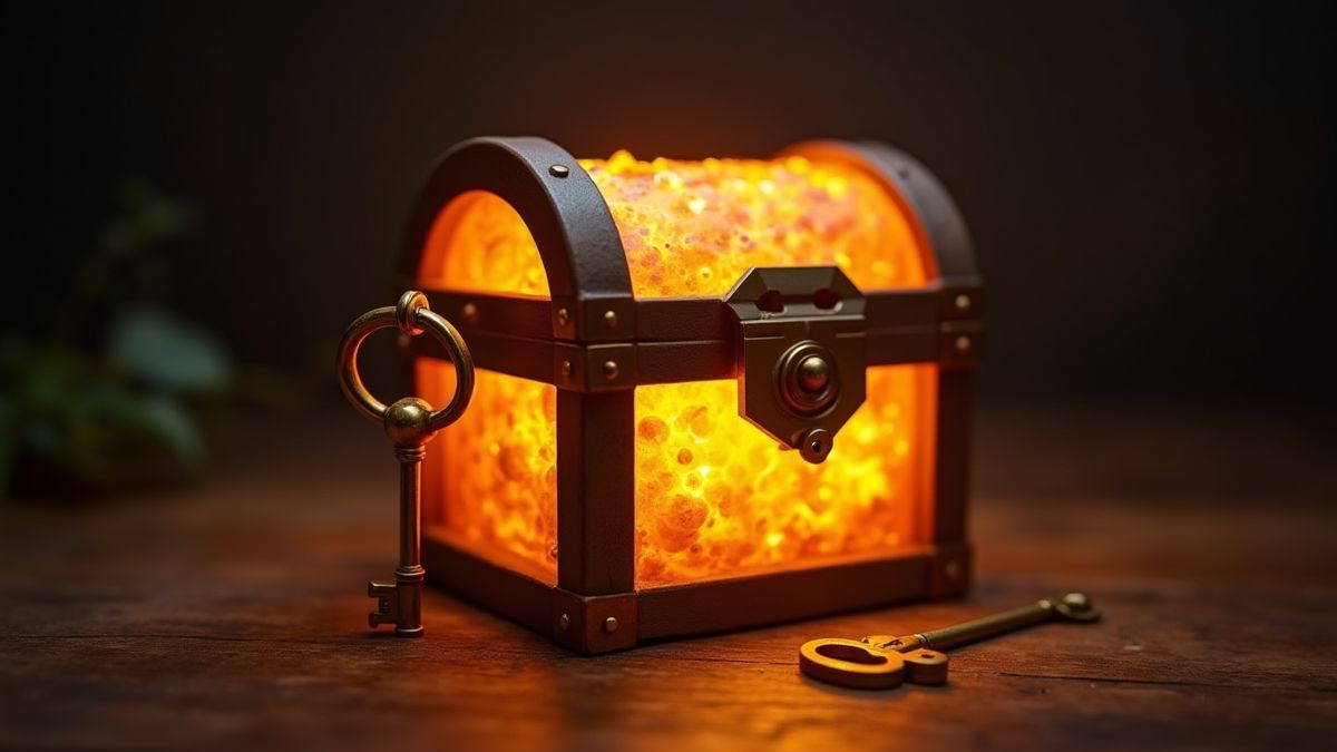 A glowing treasure chest next to a golden key.