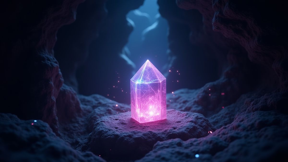 Un cristal mágico brillando en el centro de una cueva oscura.