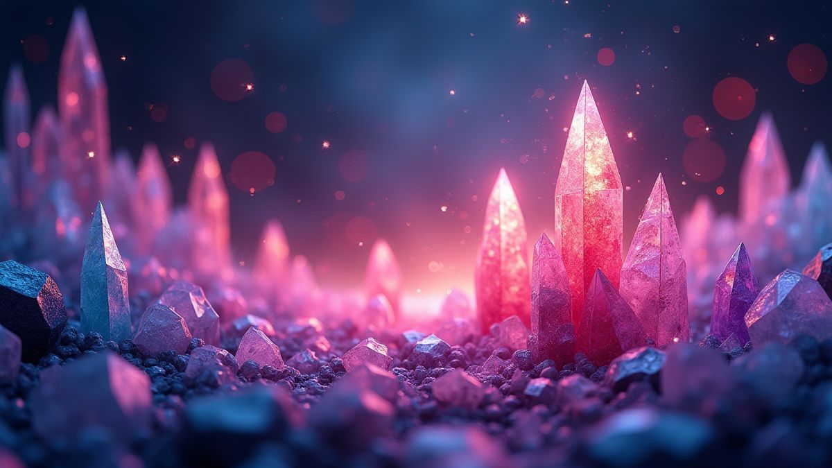 Paisaje de cristales brillantes y coloridos con efectos mágicos.