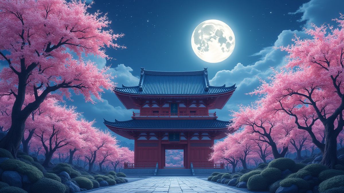 An oriental temple surrounded by cherry blossom trees under a bright full moon.
