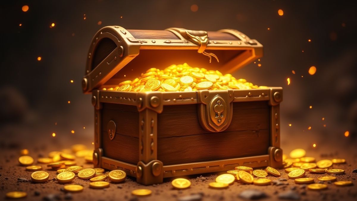 Golden coins scattered around a glowing treasure chest with mystical sparks.