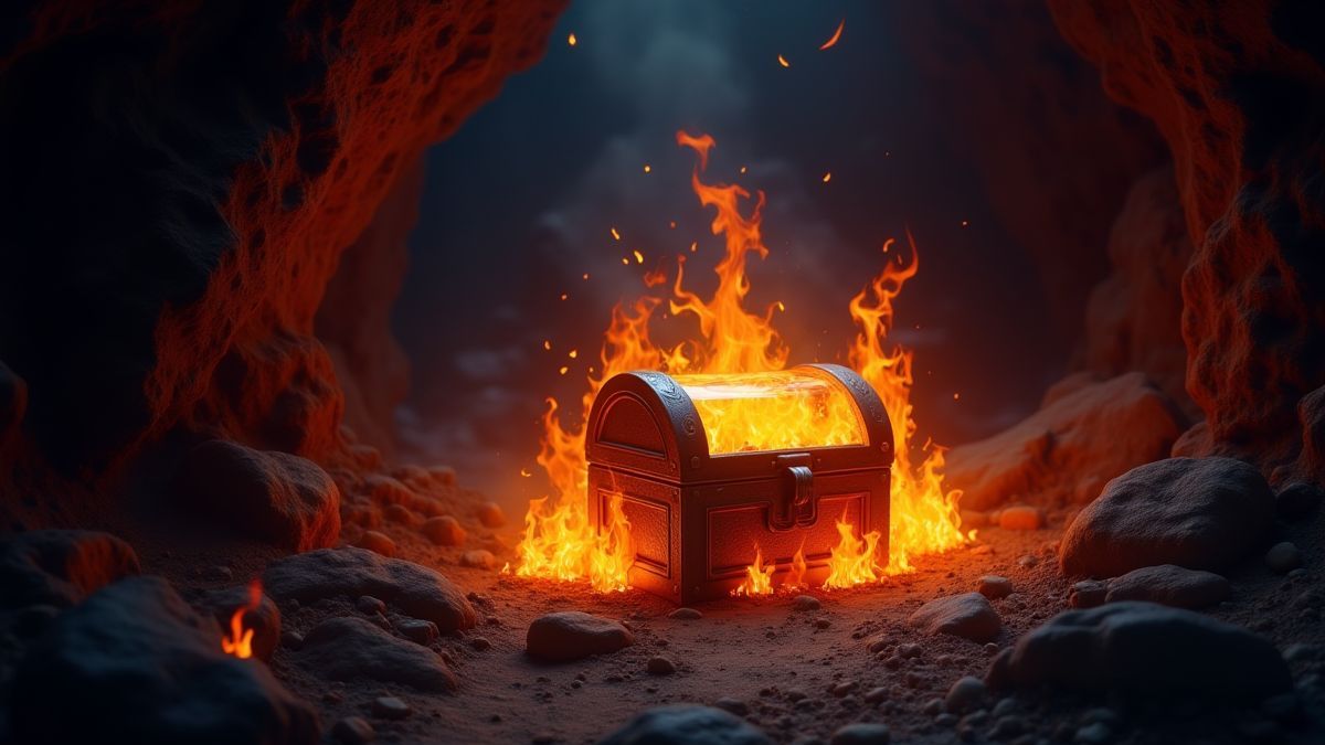A glowing treasure chest surrounded by mystical flames in a dark cave.