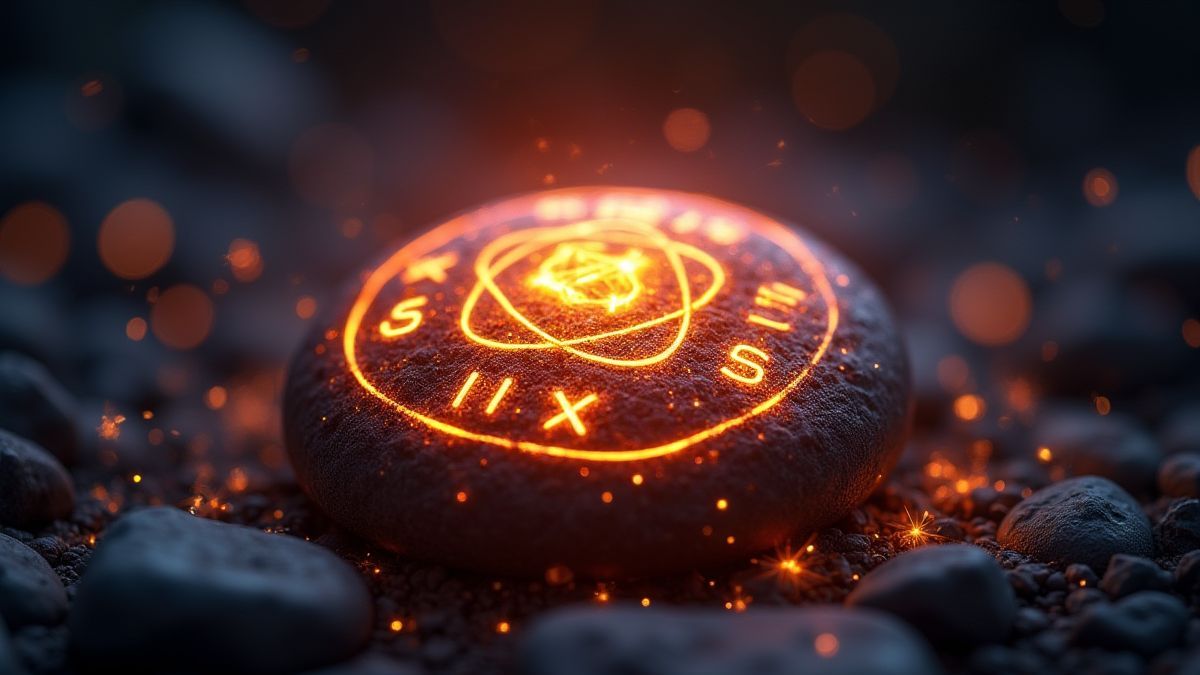 A glowing rune stone with mystical symbols surrounded by magical sparkles.