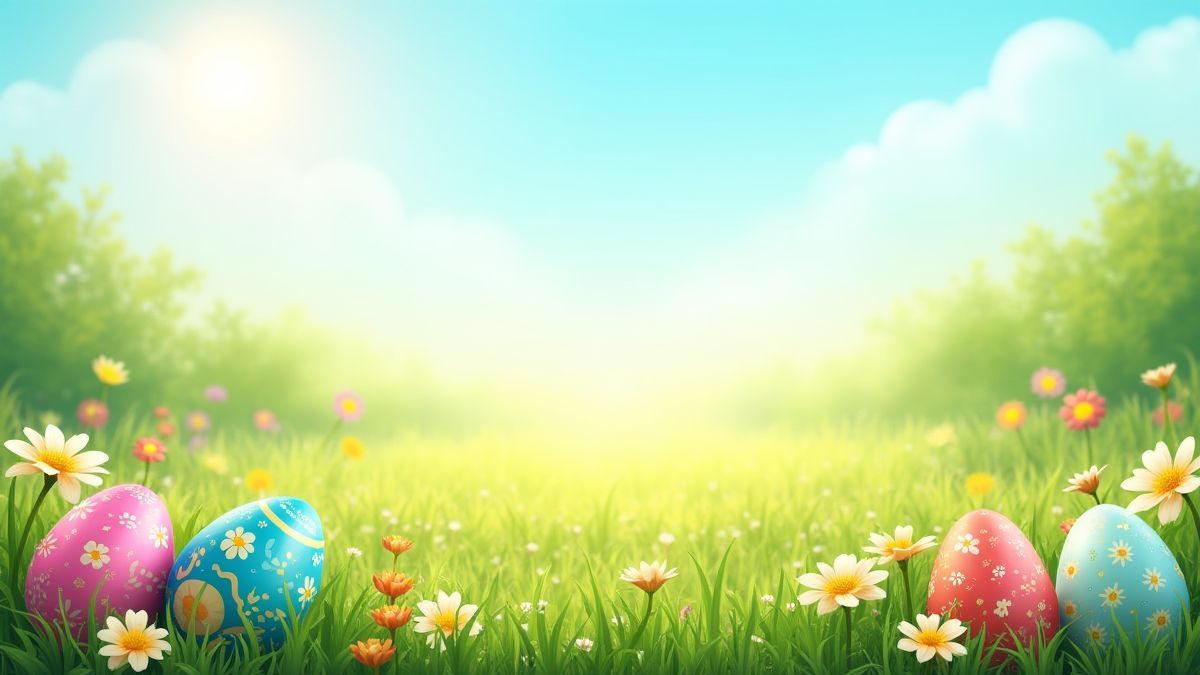 A spring meadow filled with colorful eggs and flowers under a sunny sky.