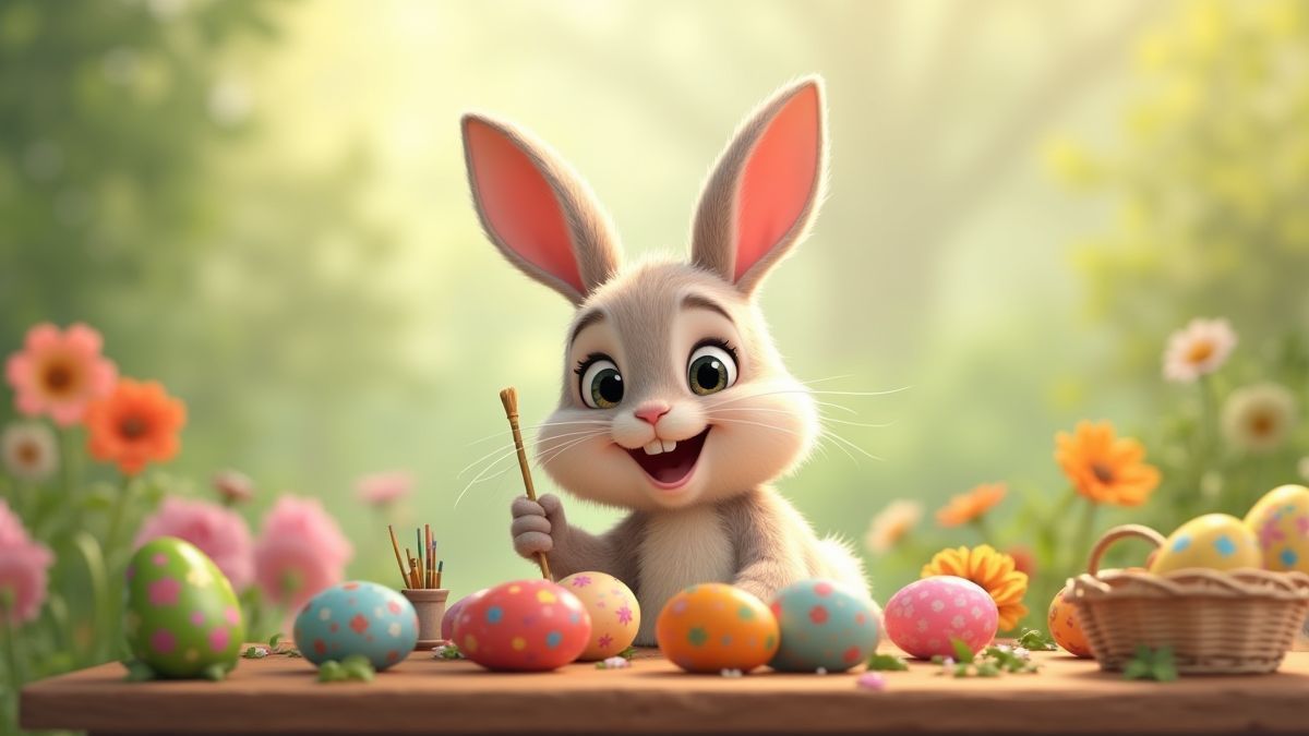 A bunny painting Easter eggs on a table surrounded by spring flowers.