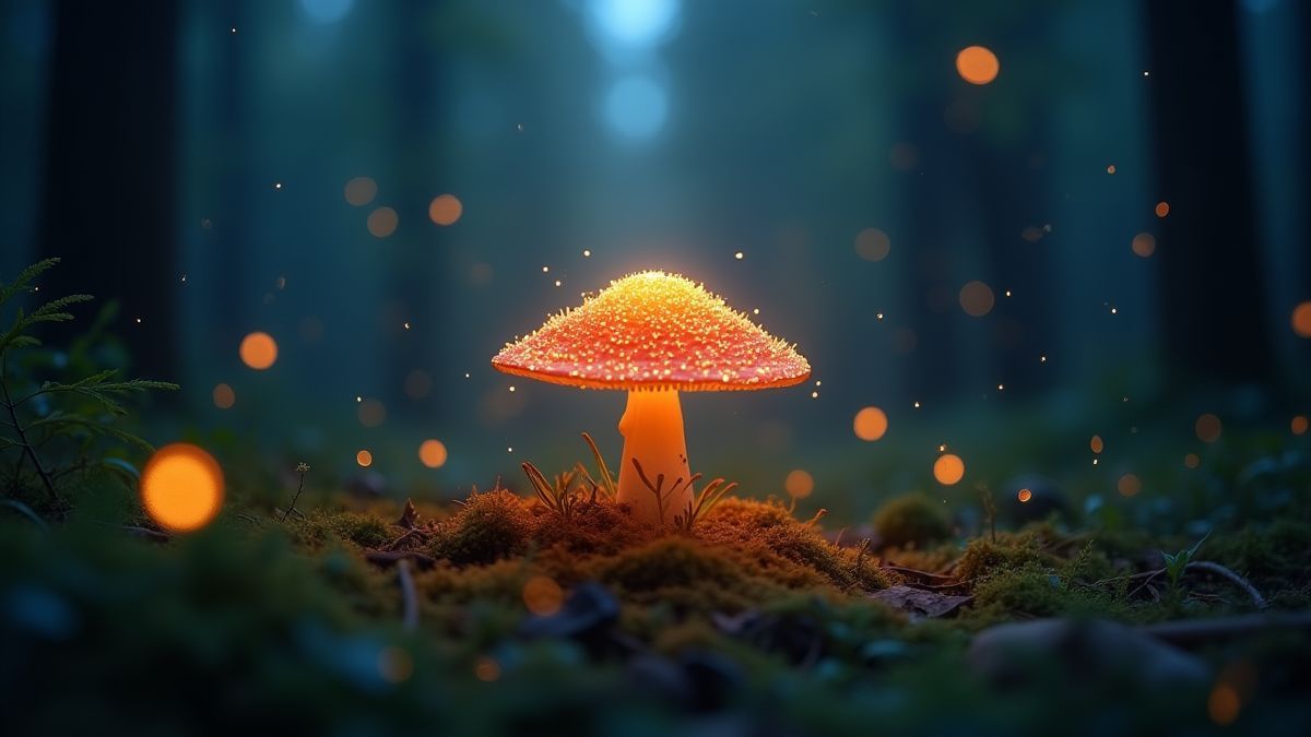A glowing mushroom in an enchanted forest surrounded by fireflies.