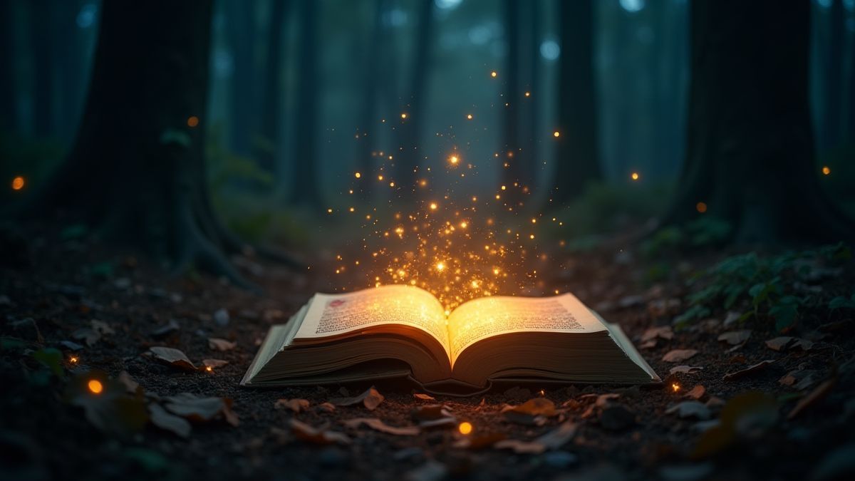 A magical book glowing with light on the forest floor.