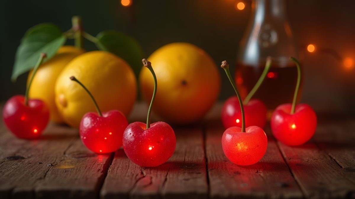 Cerezas y limones brillantes sobre una mesa rústica